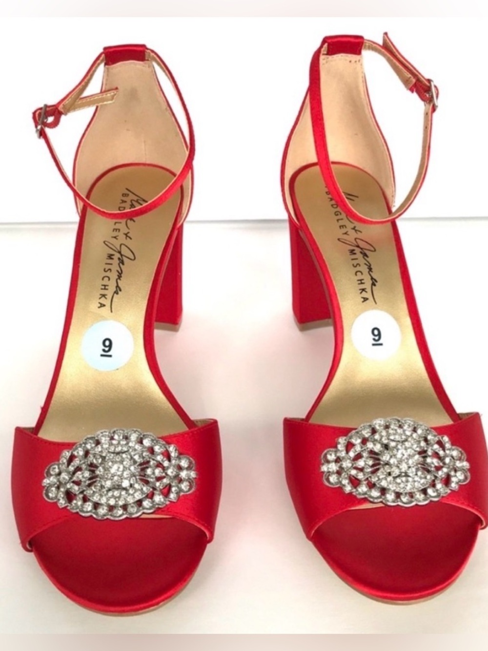 Badgley Mischka Red Satin Ankle Strap Jeweled Heels 9